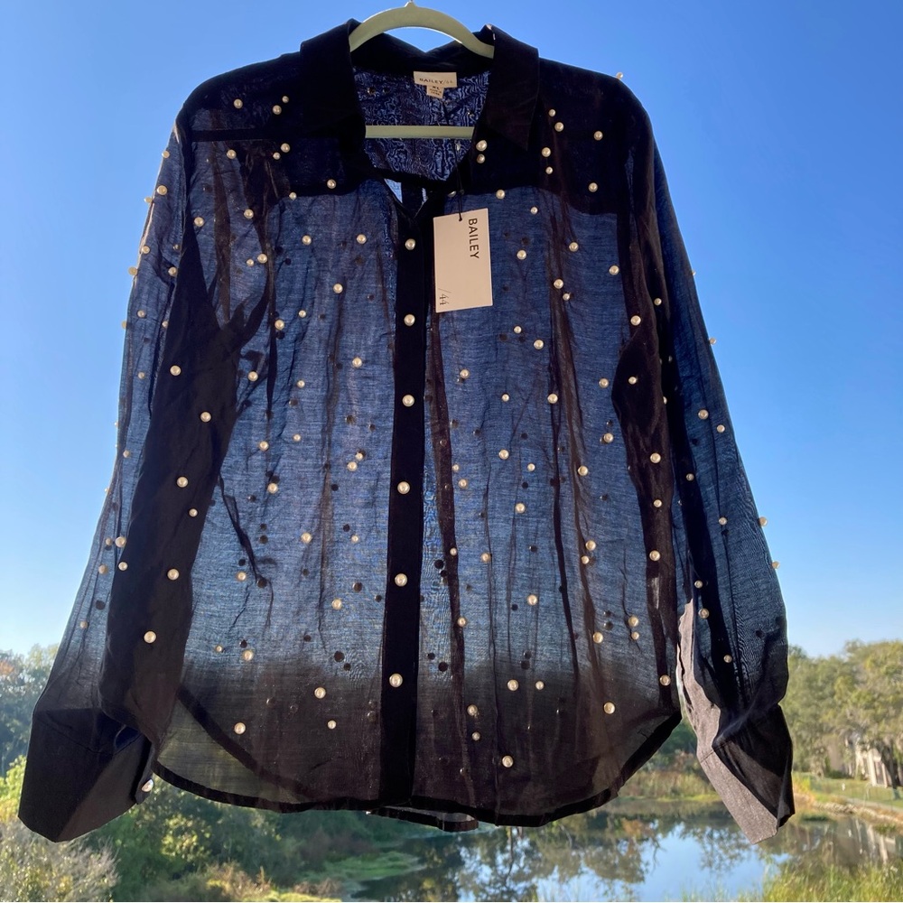Bailey 44 Black Sheer Blouse with Pearl Accents/ HOLIDAYS SIZE: XL NWT